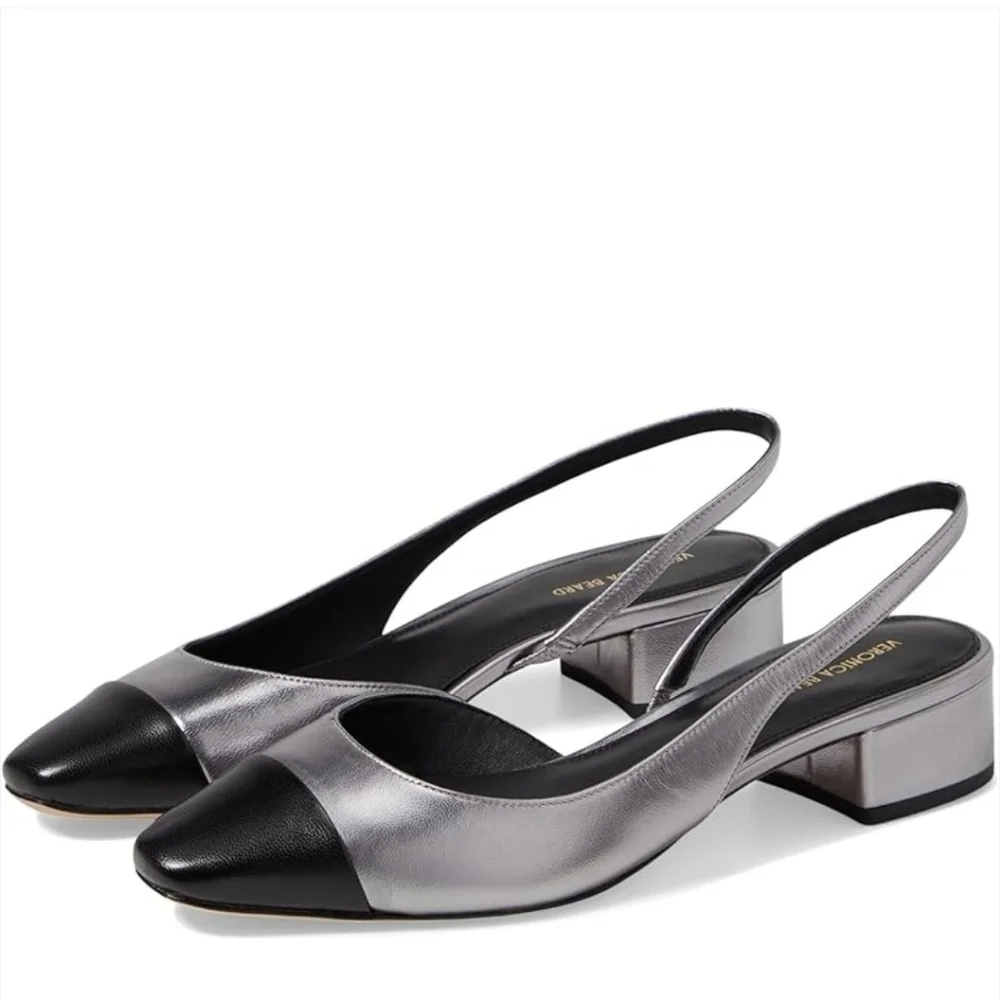 New Veronica Beard Cecile Metallic Silver/Black Leather Slingback Pump 7.5 NWOT